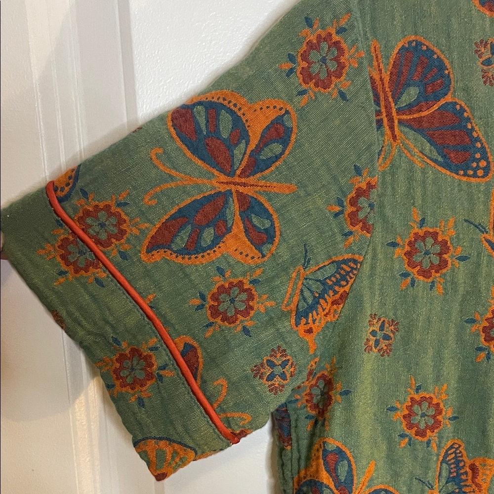 Boho Butterfly Print Cotton Blouse M Artisan Button Front Green Orange - Picture 5 of 10